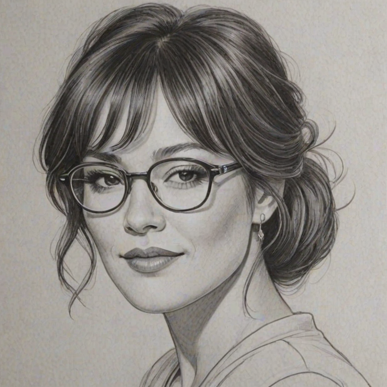 Enticing Lindsay Price, pencil sketch, portrait of Lovely woman 1921s in glasses, hair style beatnik, outline, clear lines, fine lines, 8k