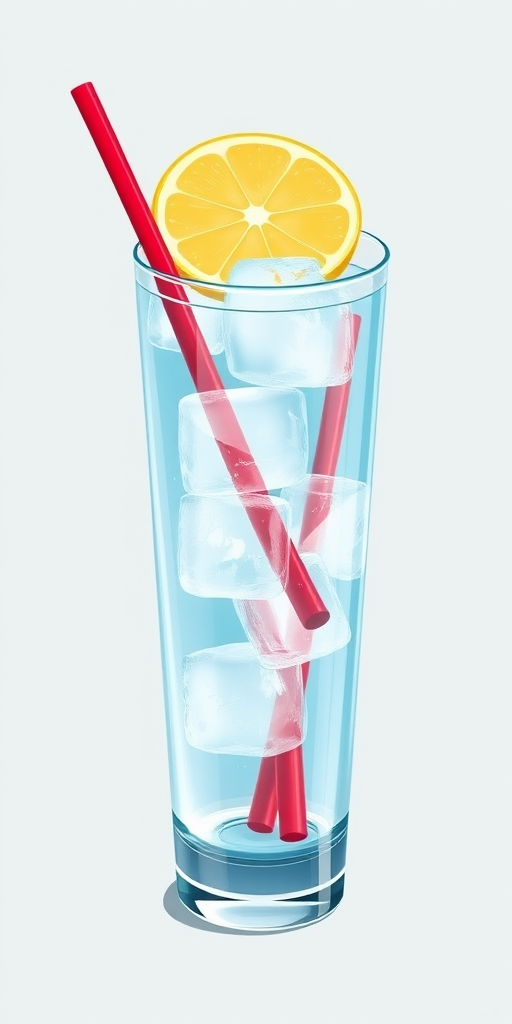 Create a realistic illustration of a tall glass filled with ice, a slice of lemon on top, and two red straws, using a DSLR camera with a 50mm lens, aperture set to f/2.8, ISO 100, and shot from a high angle for enhanced detail.