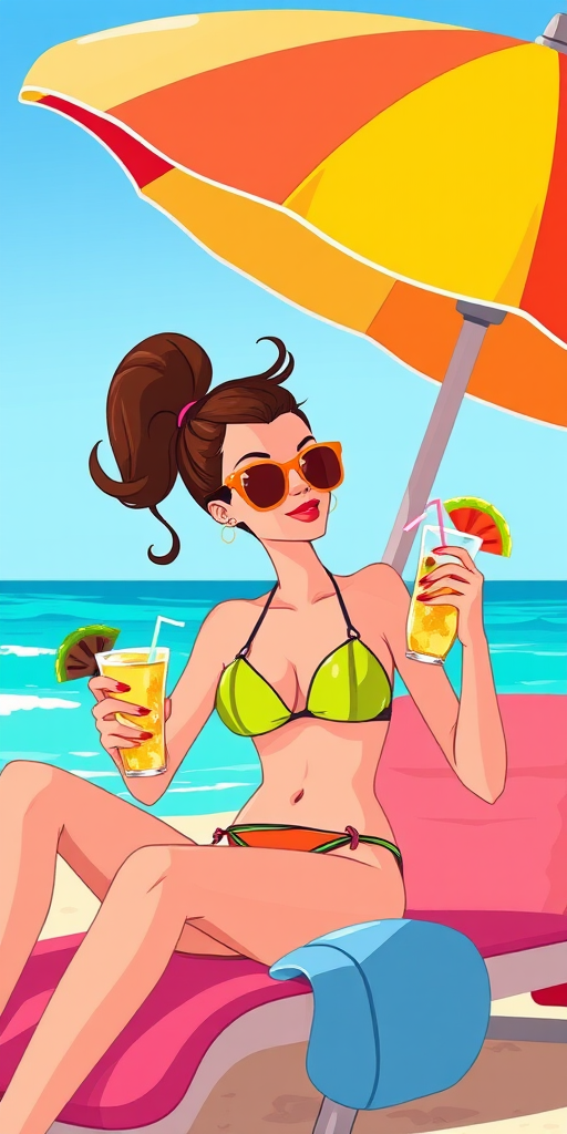 Create a vibrant cartoon illustration of a stylish girl in a bikini relaxing under a colorful beach umbrella, sipping a tropical drink, captured with a 50mm lens at f/2.8, ISO 100, and soft natural lighting for enhanced colors and detail.