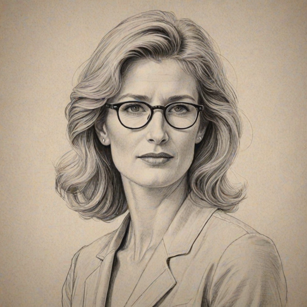 Captivating Laura Dern, pencil sketch, portrait of Sublime woman 1948s in glasses, hair style beatnik, outline, clear lines, fine lines, 8k