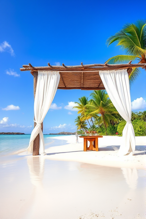 Create a picturesque tropical beach scene featuring a serene, white sandy shore. In the foreground, there's a rustic wooden canopy with white drapes gently flowing in the breeze. Underneath the canopy, a table is set with tropical decor, evoking a sense of relaxation and leisure. The beach extends into a calm, shallow water area with reflections of the sky and surroundings. Palm trees and lush greenery line the edge of the beach, providing a natural, tropical backdrop. The sky is clear with a few scattered clouds, and the overall atmosphere is tranquil and inviting, perfect for a peaceful retreat.