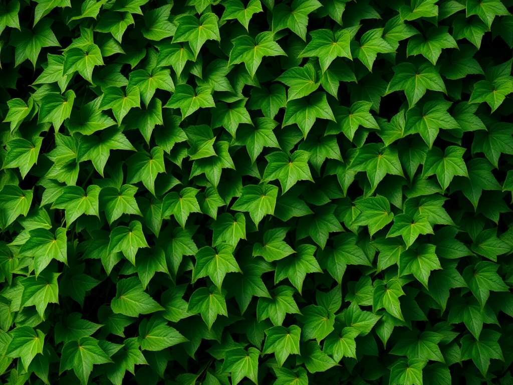 Create a high-resolution illustration of lush green ivy vines with detailed leaves, featuring a DSLR camera setting of f/2.8 aperture, ISO 100, 50mm lens, shot from a slight overhead angle to capture depth and texture.