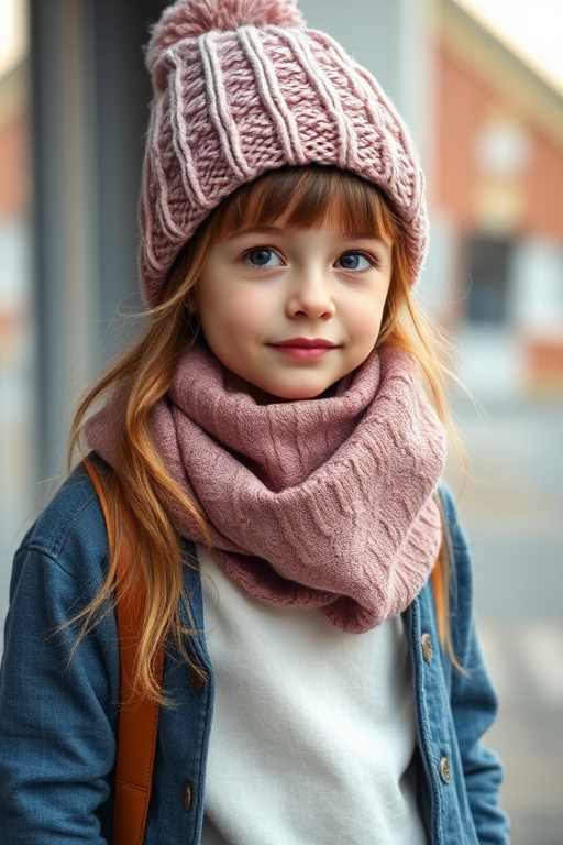 Create a high-resolution image of a young girl wearing a trendy outfit with a knitted hat and a scarf, in a standing pose, using a DSLR camera with a 50mm lens at f/1.8, ISO 200, and a shallow depth of field, with soft natural lighting to enhance details and textures.