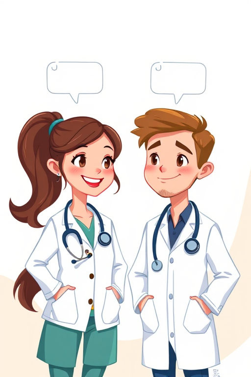Create a colorful illustration of two cartoon doctors, one female with brown hair in a ponytail and the other male with short brown hair, both wearing lab coats and stethoscopes, standing side by side with speech bubbles above their heads, set against a light, abstract background with soft curves, using a digital art style with a bright and cheerful palette, at high resolution with a 300 DPI setting, using a drawing tablet for added detail and smooth lines.