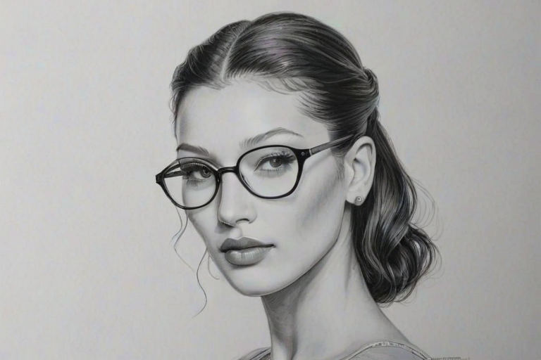Magnificent Bella Hadid, pencil sketch, portrait of Enchanting woman 1939s in glasses, hair style beatnik, outline, clear lines, fine lines, 8k