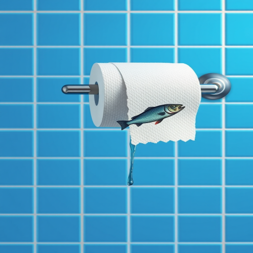 create a clean and minimalist illustration of a toilet paper roll on a metallic holder, with a whimsical touch of a fish dripping from the torn edge of the paper, set against a bright blue tiled background, high-resolution, 50mm lens, f/8 aperture, soft lighting, shot with a digital DSLR camera