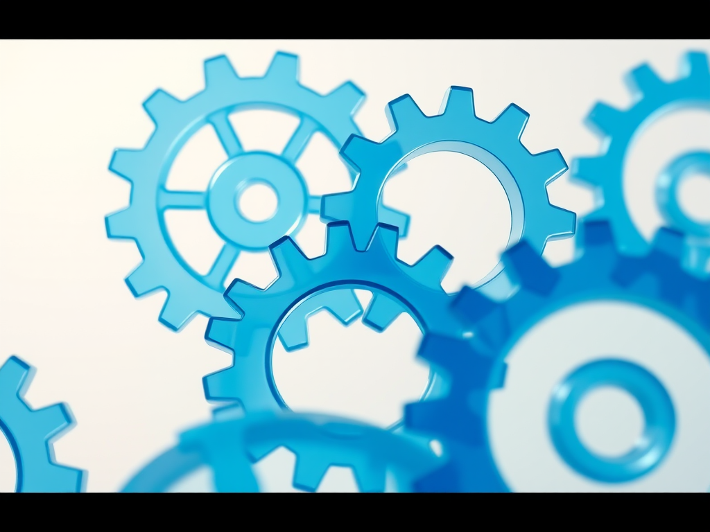 Create an illustration of transparent blue gears overlapping on a light background, using a Canon EOS R5 camera with a 50mm lens, aperture set to f/8, ISO 100, and a shallow depth of field to highlight the gears' details and reflections.