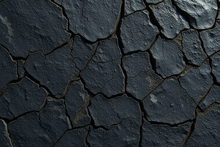 Create a high-resolution texture of a dark, cracked rock surface with natural lighting, using a DSLR camera with a 50mm lens, aperture set to f/8, ISO 100, and a shutter speed of 1/125s, captured from a slightly elevated angle.