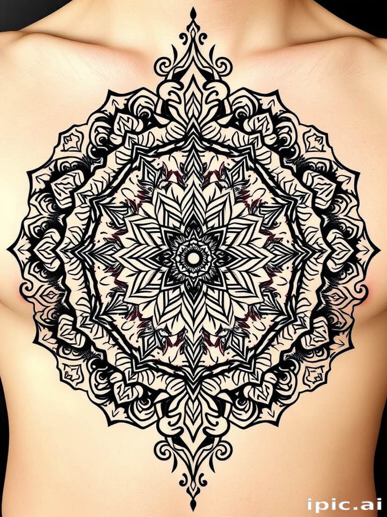 Elaborate ornamental "Mandala Fusion" tattoo design blending intricate floral patterns with geometric shapes and spiritual symbols creating a harmonious and symmetrical circular motif ideal for chest or back placements