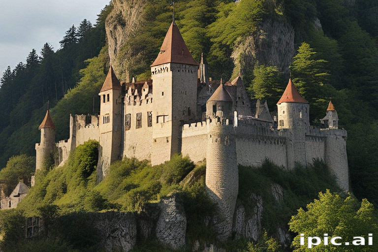 Majestic Castle Perched on a Rocky Mountain Surrounded by Lush Greenery