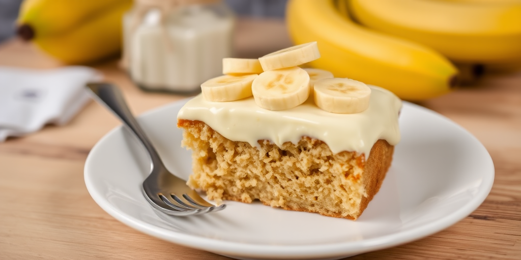 A slice of moist banana cake with creamy frosting topped with banana slices on a white plate with a fork beside it, set against a blurred background of more bananas and a jar, showcasing a cozy kitchen atmosphere.
