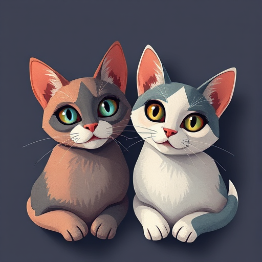 Create a stylized illustration of two abstract cats with exaggerated eyes and soft textures, using a high-resolution digital camera at f/4 aperture, ISO 100, and 50mm lens, shot in a flat lay perspective with soft diffused lighting to enhance details and colors.