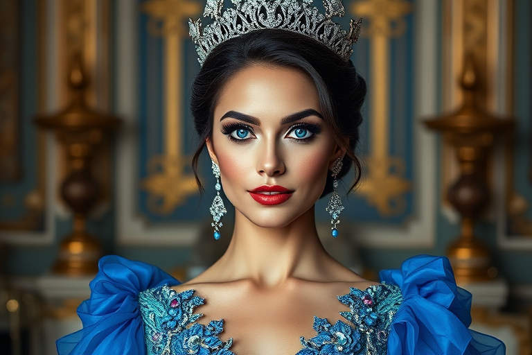 A gorgeous woman in a luxurious blue gown, accessorized with a dazzling tiara and statement earrings, her deep blue eyes highlighted by impeccable makeup, poised in a royal setting, photorealistic, 8K quality