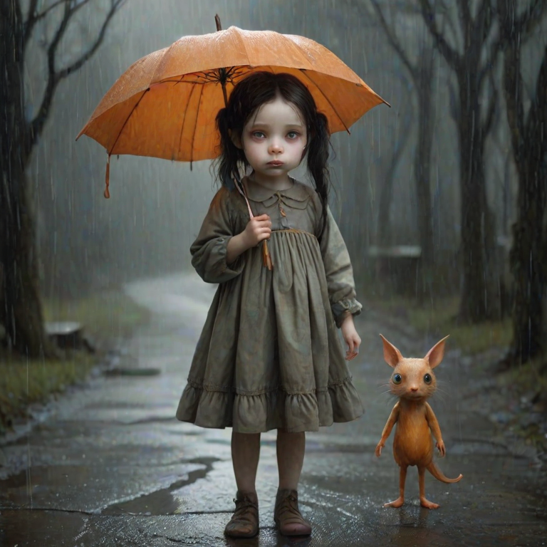 An eerie, weird little girl with dark hair in thin pigtails, wearing a smock dress, standing in the rain, holding a dirty orange umbrella, a small, odd creature beside her. In a surreal style inspired by Nicoletta Ceccoli and Brian Froud. Dark fantasy themes