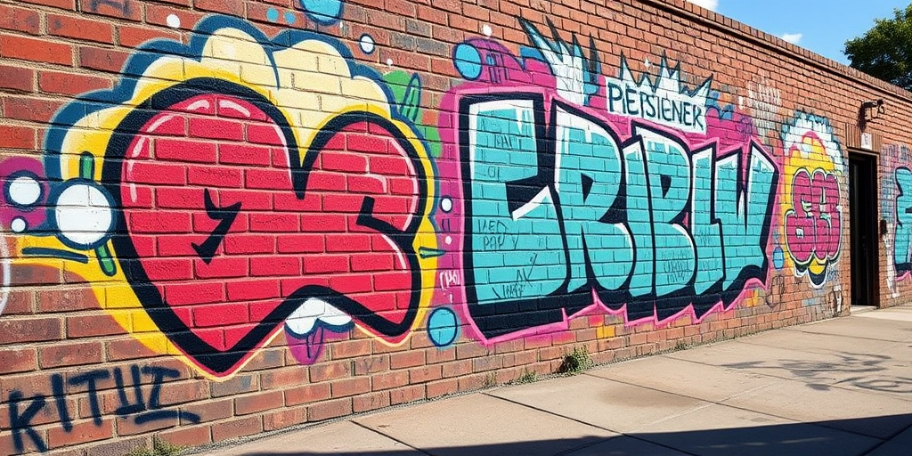 Capture a vibrant graffiti mural on a brick wall with sharp details and bold colors in daylight, using a DSLR camera, f/8 aperture, ISO 200, 24mm lens, shot at eye level with a wide-angle perspective for enhanced clarity and depth.