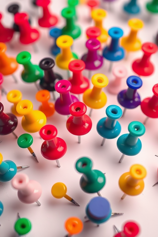 regenerate the image of colored pushpins in a vector style with a soft gradient, 50mm lens, f/2.8 aperture, 1/100s shutter speed, studio lighting, top-down view, high-resolution digital camera