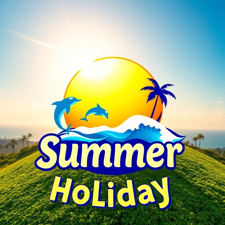 Create a vibrant summer holiday logo featuring a bright sun, dolphins, palm trees, and waves on a green hill, using a Canon EOS 5D Mark IV with an aperture of f/2.8, ISO 100, 50mm lens, shot from a high-angle view to enhance colors and details.