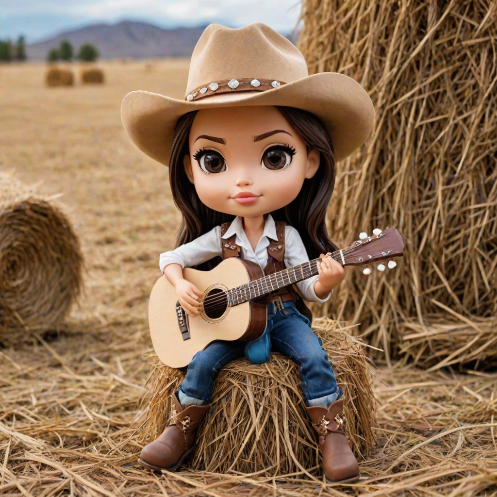 A chibi angelina jolie, dressed as a cowboy, playing guitar, sitting on a hay bale