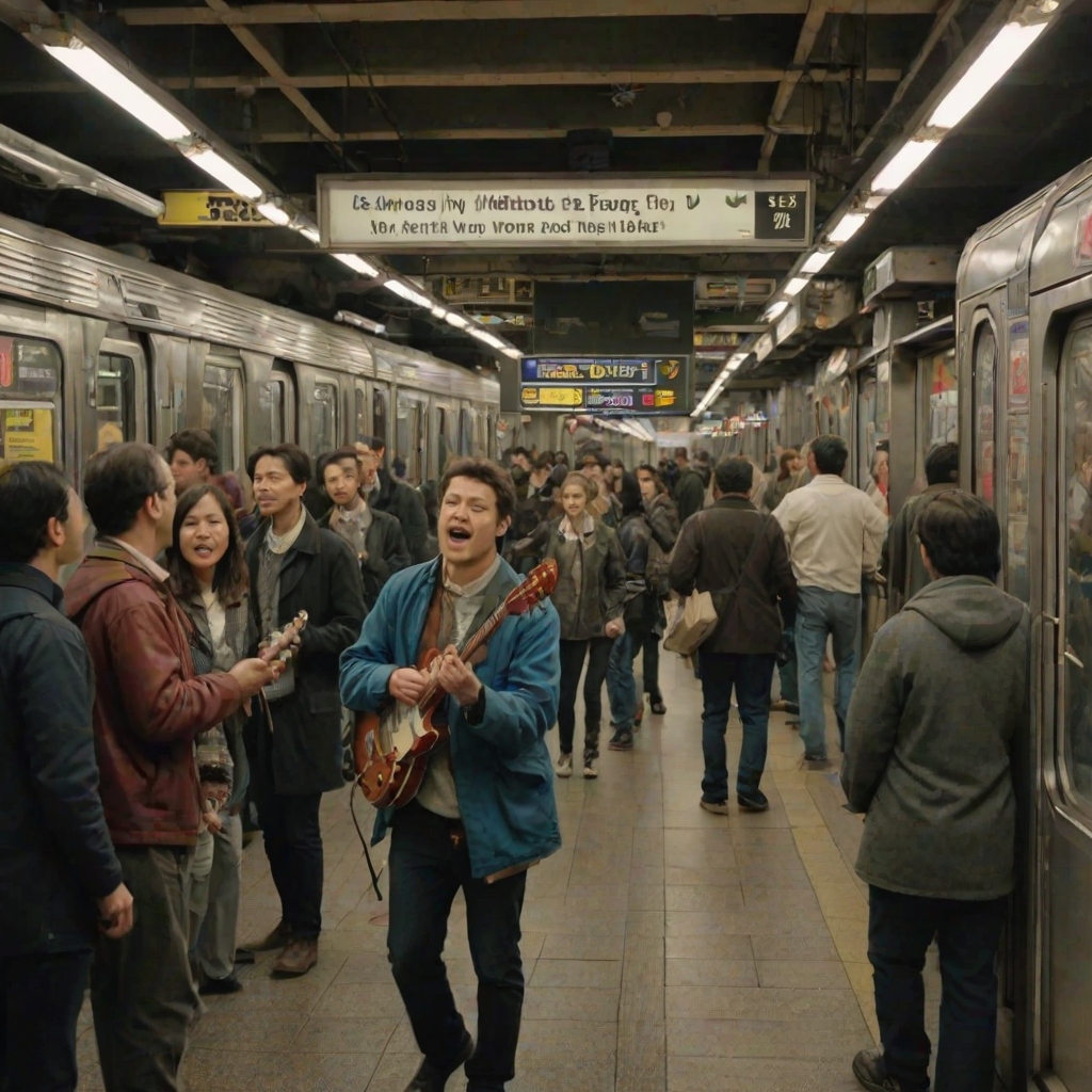 Busy subway station during rush hour, commuters rushing past, with advertisements lining the walls, a musician playing a cheerful tune on a corner, and the sound of trains approaching in the background.