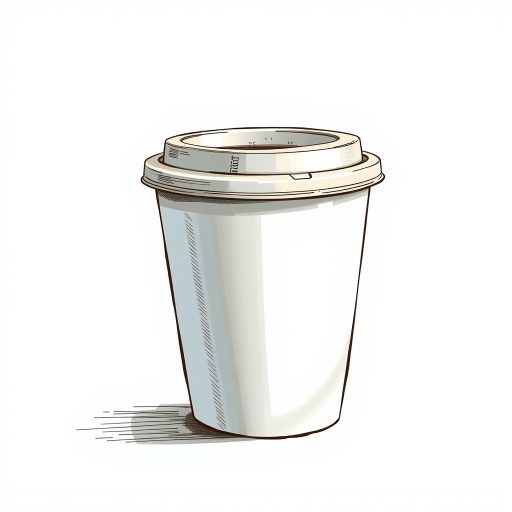 Create a detailed illustration of a coffee cup with a lid, shot from a slightly elevated angle, using a DSLR camera with a 50mm lens, aperture set to f/4, ISO 100, and soft natural lighting to enhance the contours and textures of the cup.