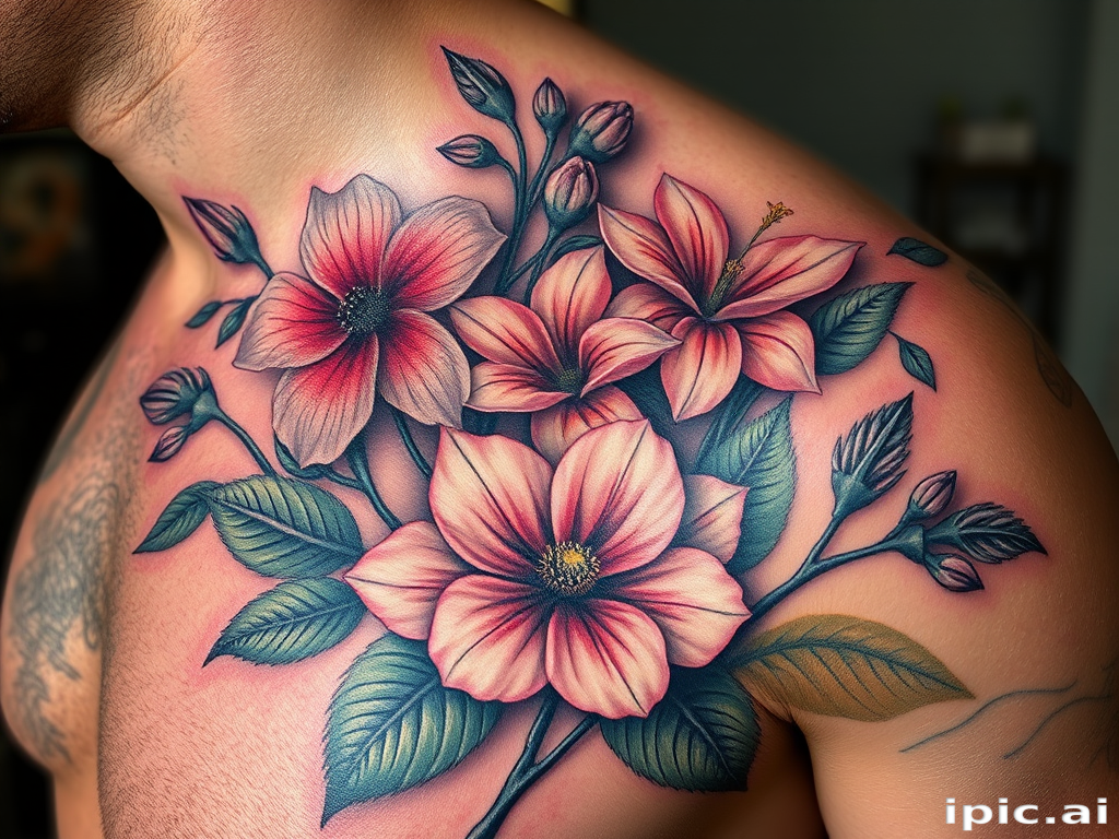 Realistic 3D tattoo titled "Living Canvas" depicting hyperrealistic flora and fauna that appear to emerge from the skin, with lifelike textures and shading that create an illusion of depth, incorporating elements of trompe l'oeil art techniques