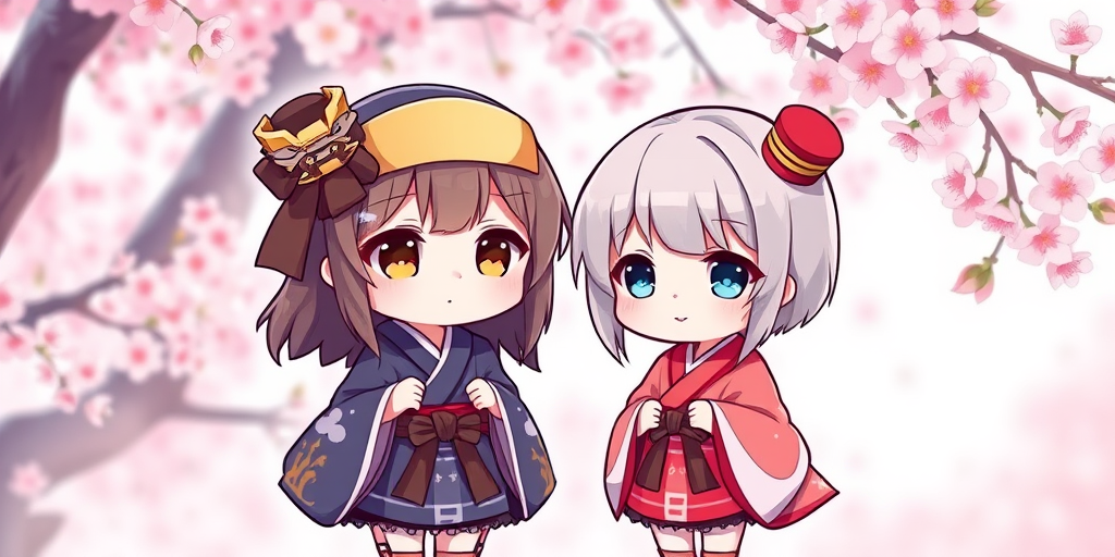 Create a cute, colorful illustration of two chibi-style samurai girls in traditional Japanese attire, with cherry blossoms in the background, soft pastel colors, and a hint of a whimsical atmosphere, using a high-resolution digital art style with a Canon EOS 5D Mark IV, 50mm lens, f/1.8 aperture, ISO 100, soft lighting, and a slight bokeh effect for depth.