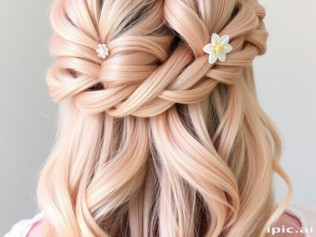 Romantic Rose Gold Waterfall Braid exhibiting a soft blend of pale pink and warm golden hues woven into an intricate cascading braid accented with delicate floral hair pins