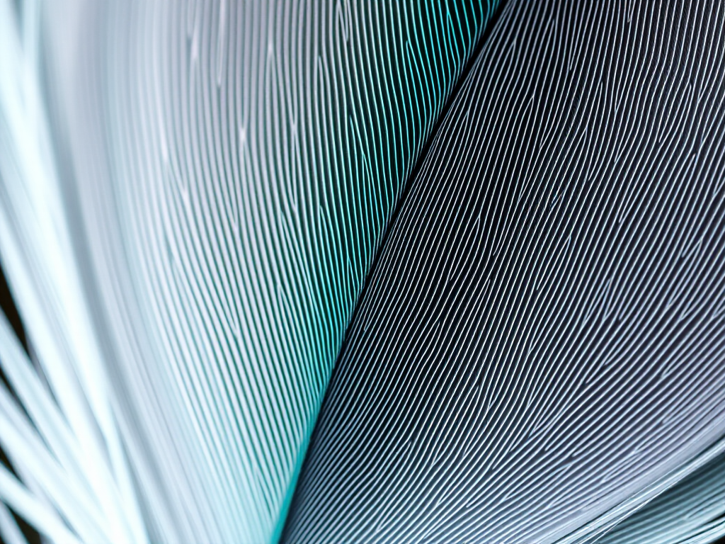 Create a high-resolution image of a stylized feather with turquoise and gray colors, using a Canon EOS R5, 50mm lens, f/1.8 aperture, ISO 100, shot in natural light for enhanced detail and vivid colors.