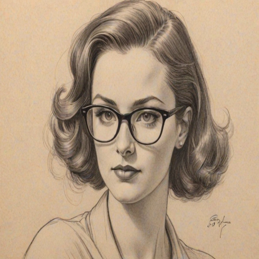 Elegant Raven-Symon', pencil sketch, portrait of Alluring woman 1938s in glasses, hair style beatnik, outline, clear lines, fine lines, 8k