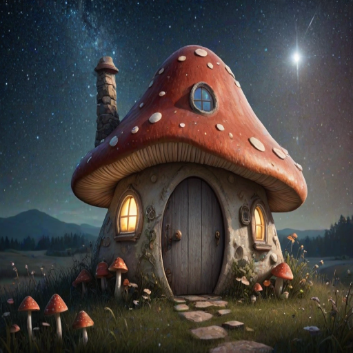 this picture is illustration of a mushroom house with a door and a window, a storybook , fantasy art, mushroom house, bg starry sky, sparkles