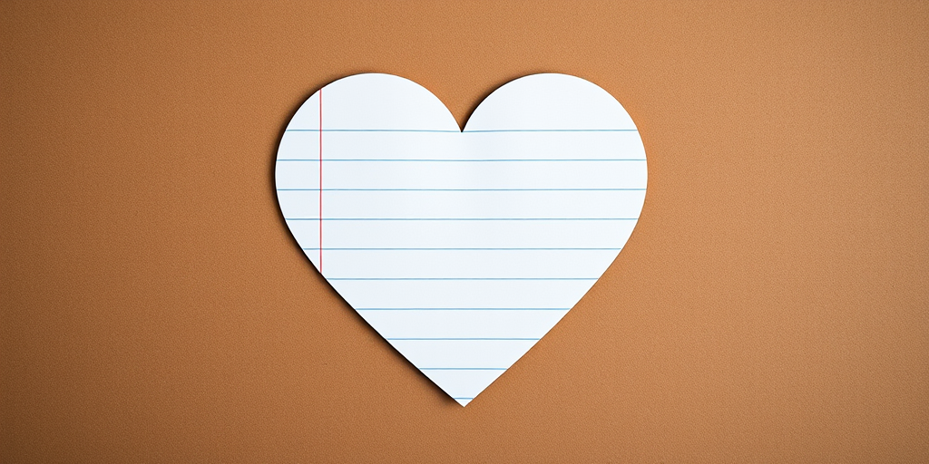 Create a heart-shaped cutout from lined notebook paper set against a textured brown background, captured with a DSLR camera, 50mm lens, aperture f/2.8, ISO 100, natural light, and a shallow depth of field for a soft bokeh effect.