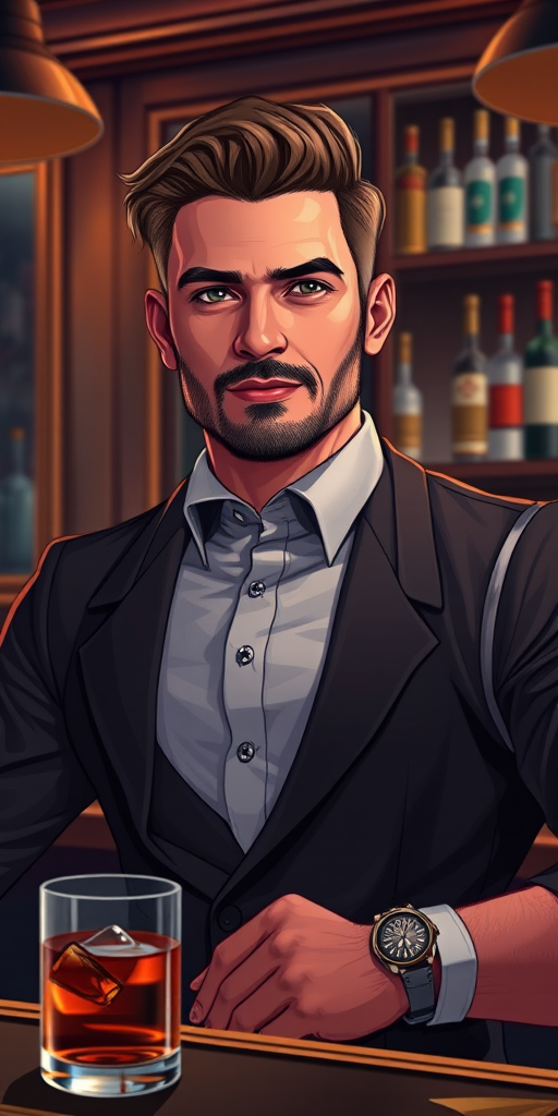 create a realistic digital illustration of a confident bartender in a stylish bar setting, with a focus on detailed facial features and attire, using a Canon EOS R5 camera with a 50mm f/1.2 lens, set at ISO 100, aperture f/2.8, and shutter speed 1/125 sec, lighting should emphasize textures and colors, capturing a warm and inviting atmosphere.