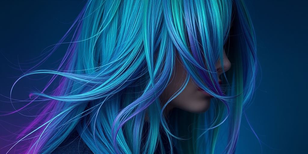 Mystical image of a person with Aurora Borealis locks, shimmering greens and purples in a long, straight cut with wispy, floating tendrils