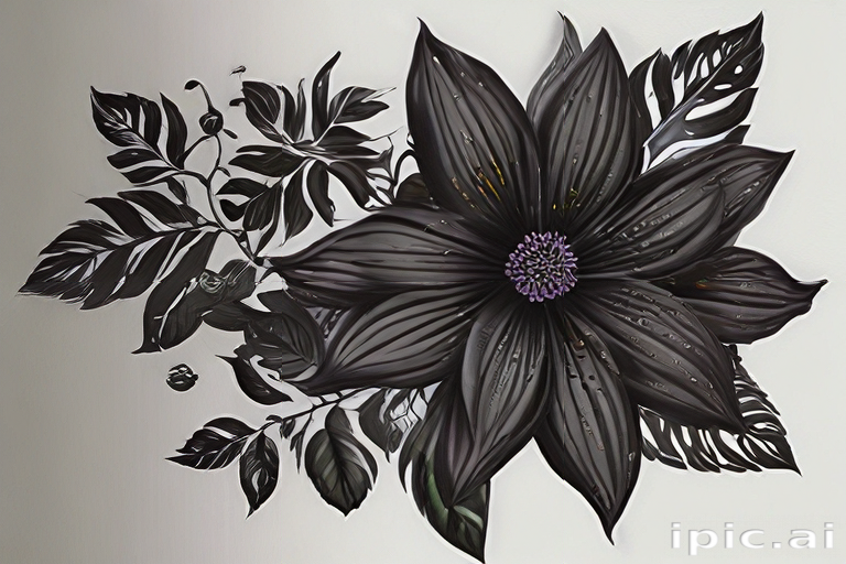 Elegant Black Flower with Leaves Featuring Intricate Details and Textures