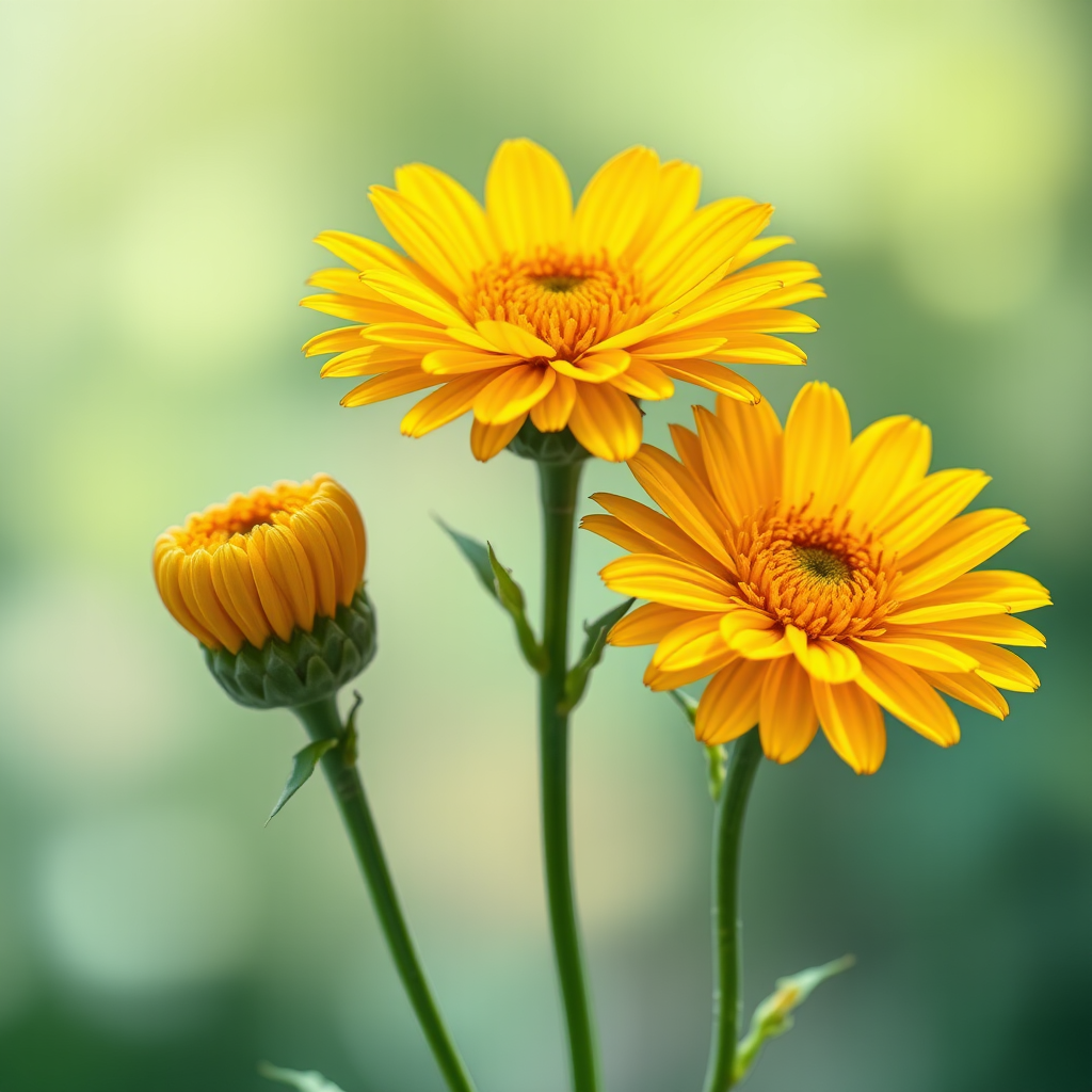 Create a vibrant illustration of three yellow flowers with detailed petal textures and green leaves in a soft-focus background, using a DSLR camera with a 50mm lens, f/2.8 aperture, ISO 200, and a shallow depth of field for enhanced image quality.