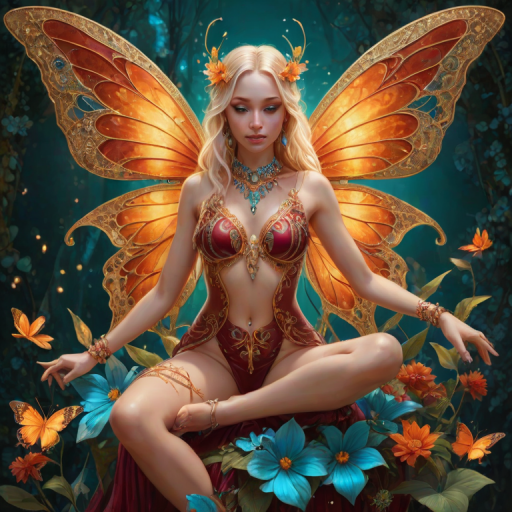 A digital artwork features a winged fairy with delicate Orange butterfly wings, adorned with intricate Turquoise andBurgundy patterns. She is seated on a vibrant Electric flower, wearing a revealing red two-piece outfit with sparkling beadwork. Her fair skin, long blonde hair, and gold jewelry add to her ethereal appearance. The background is a warm, golden gradient, creating a magical atmosphere. Small glowing orbs and sparkles surround the flower, enhancing the enchanting, highly detailed, and realistic scene.