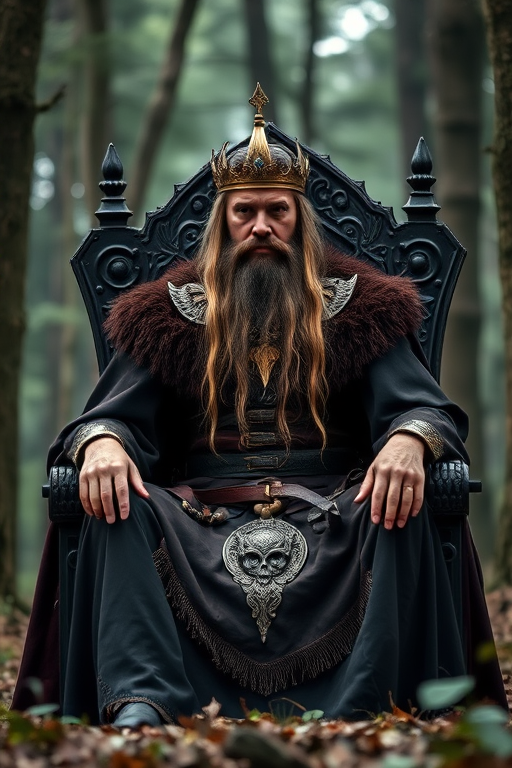 Regenerate the image of a majestic king with long hair and a beard seated on a throne in a mystical forest, use a DSLR camera with a 50mm lens, f/1.8 aperture, ISO 100, and a shallow depth of field for a sharp focus on the king and a blurred background to enhance image quality.