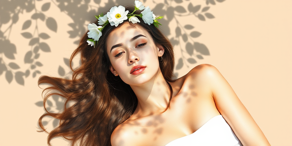 create a watercolor painting of an ethereal portrait of beautiful Sephardic woman with a simple white flower crown on her head. Her hair is long and she is lying on the ground. The sunlight on the trees casts shadows from the leaves on her face and body. The background is a neutral brown color that matches her skin tone. The image is minimalist and solid colors. This style is characterized by soft, delicate brushstrokes and a light, airy, contrasting color palette. High level of detail and play of light
