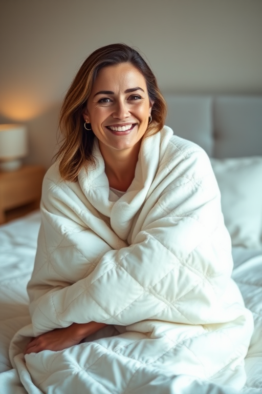 portrait of a smiling woman wrapped in a white quilt sitting on a bed with neutral tones in a cozy bedroom, natural light, ISO 200, f/2.8, 50mm lens, soft focus, shallow depth of field, DSLR camera