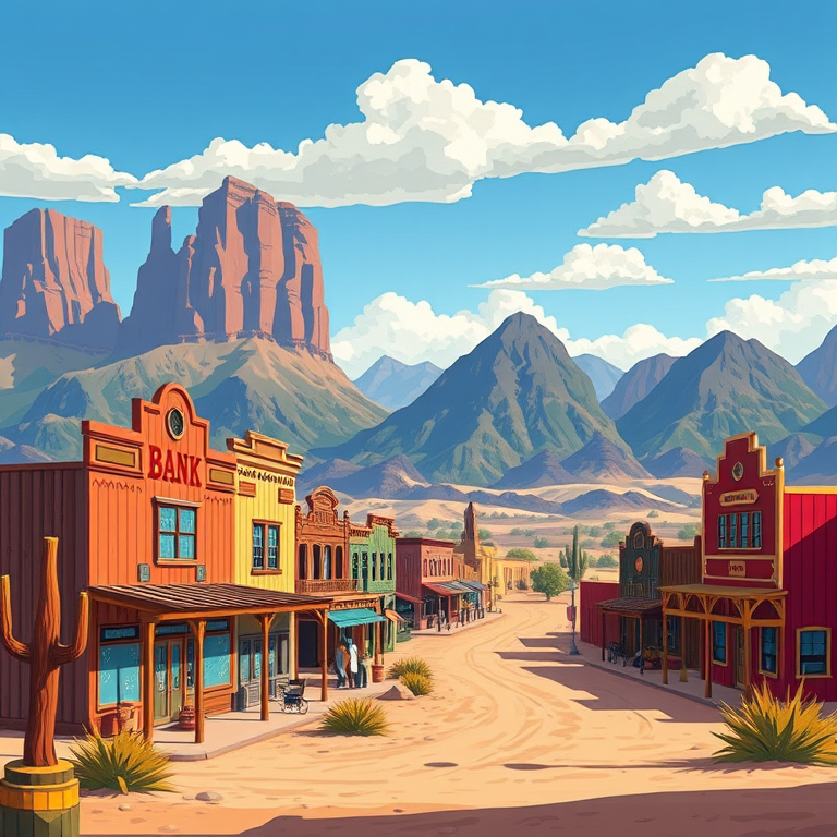Create a vibrant digital illustration of a Western town scene with colorful buildings like a bank and saloon, set against a backdrop of majestic mountains and desert landscape, using a 50mm lens, f/8 aperture for sharp focus, and a wide-angle view to capture the entire scene, styled as a vector graphic.