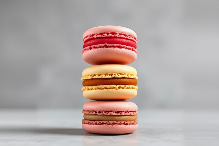 Generate a high-quality image of four macarons stacked vertically with flavors labeled as Strawberry, Raspberry, Caramel, and Pistachio, using a Canon EOS R camera with a 50mm lens, aperture set to f/2.8, ISO 100, natural soft lighting, focusing on a clean gray background for a minimalist look.