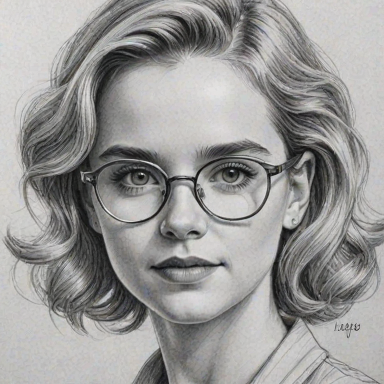 Beauteous McKenna Grace, pencil sketch, portrait of Magnificent woman 1944s in glasses, hair style beatnik, outline, clear lines, fine lines, 8k
