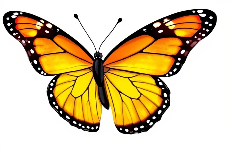 Generate an image of a butterfly with vibrant yellow and orange wings, featuring black outlines and white spots. The butterfly should be depicted in a dynamic pose, showcasing its intricate wing patterns and delicate antennae. The background should be transparent to highlight the butterfly's colors and details.