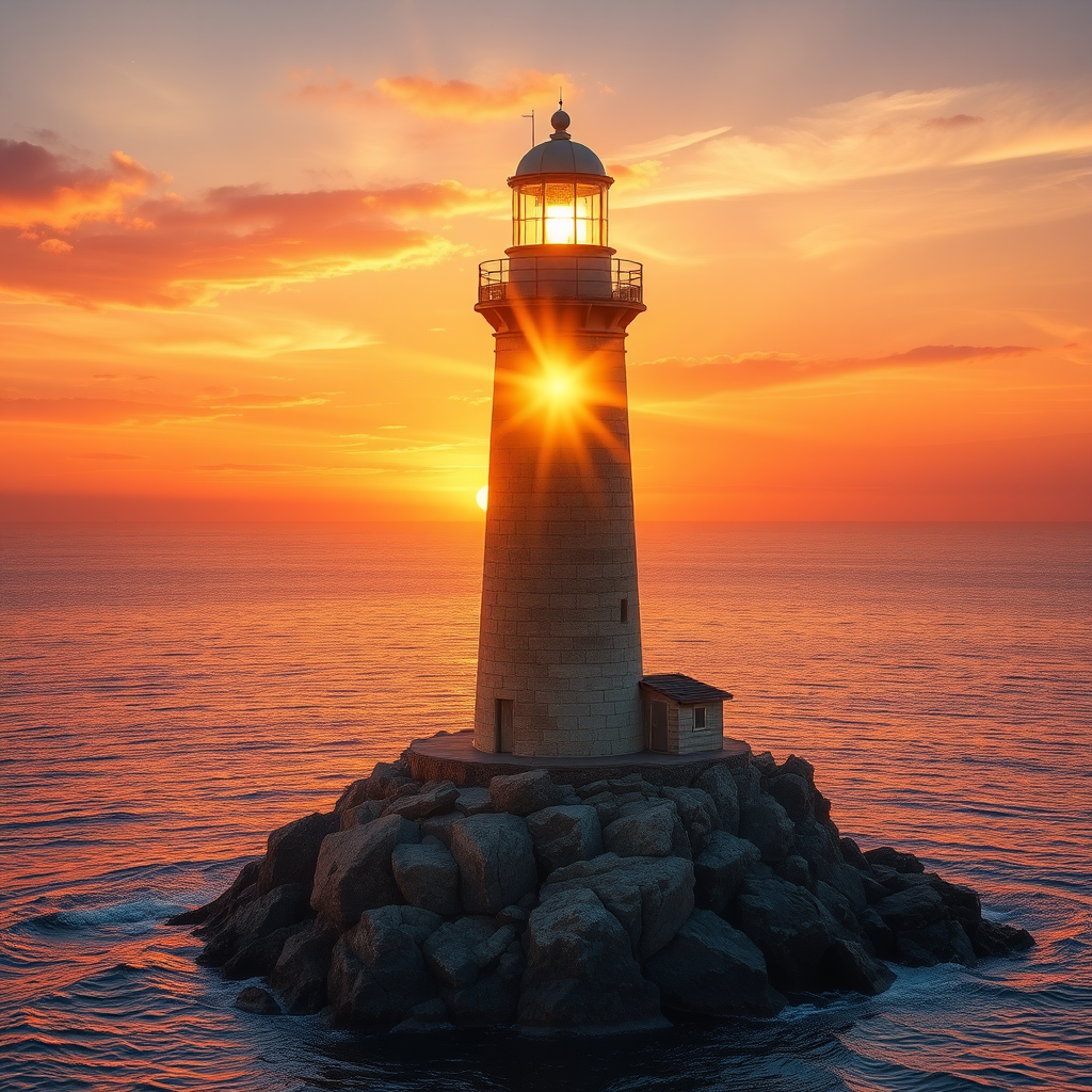 Generate an image of a tall lighthouse perched on a rocky outcrop surrounded by calm ocean waters during a breathtaking sunset. The lighthouse stands sturdy and weathered, its stone surface illuminated by the warm golden light of the setting sun. The sun's rays pass directly through the glass lantern room at the top of the lighthouse, casting a brilliant light across the scene. The sky is painted with vibrant shades of orange, pink, and purple, reflecting off the tranquil sea. The surrounding water shimmers with the same warm hues, creating a serene and majestic atmosphere.