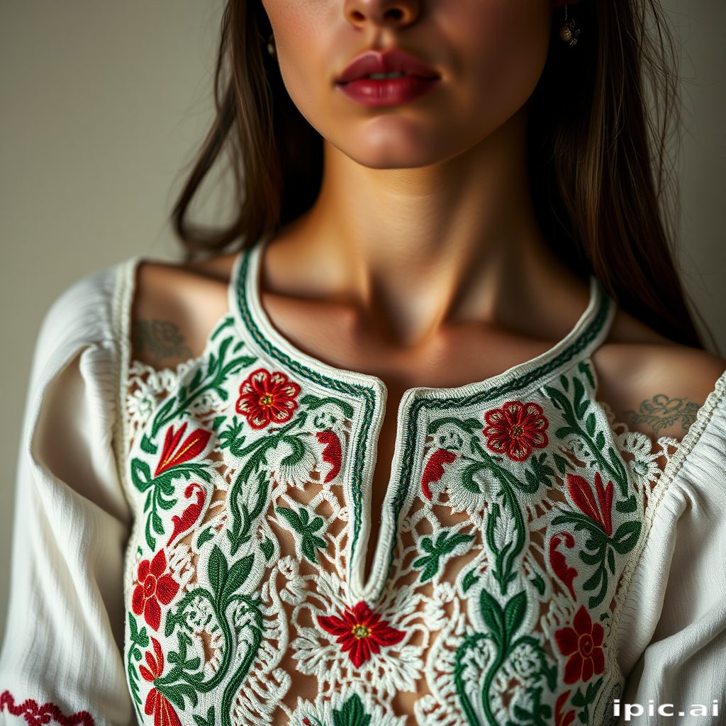 Face, shoulders, chest covered in openwork Ukrainian embroidery. Raw, unedited image.