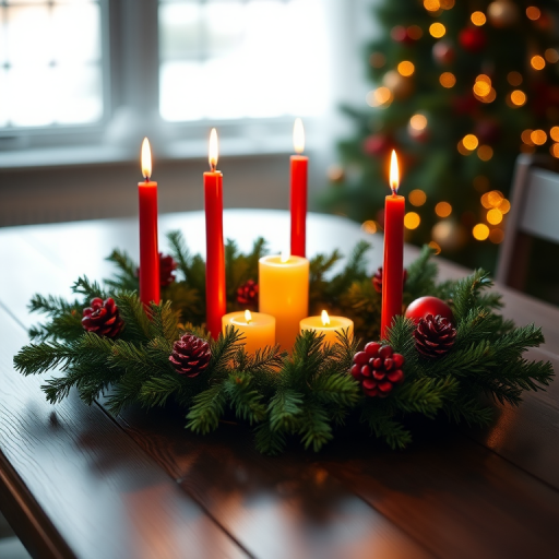 A festive Christmas centerpiece with four red candles lit on a dark wooden table surrounded by a pine wreath, soft focus with a warm light ambiance, using a DSLR camera at f/2.8, 50mm lens, ISO 100, and a shutter speed of 1/60s, shallow depth of field.