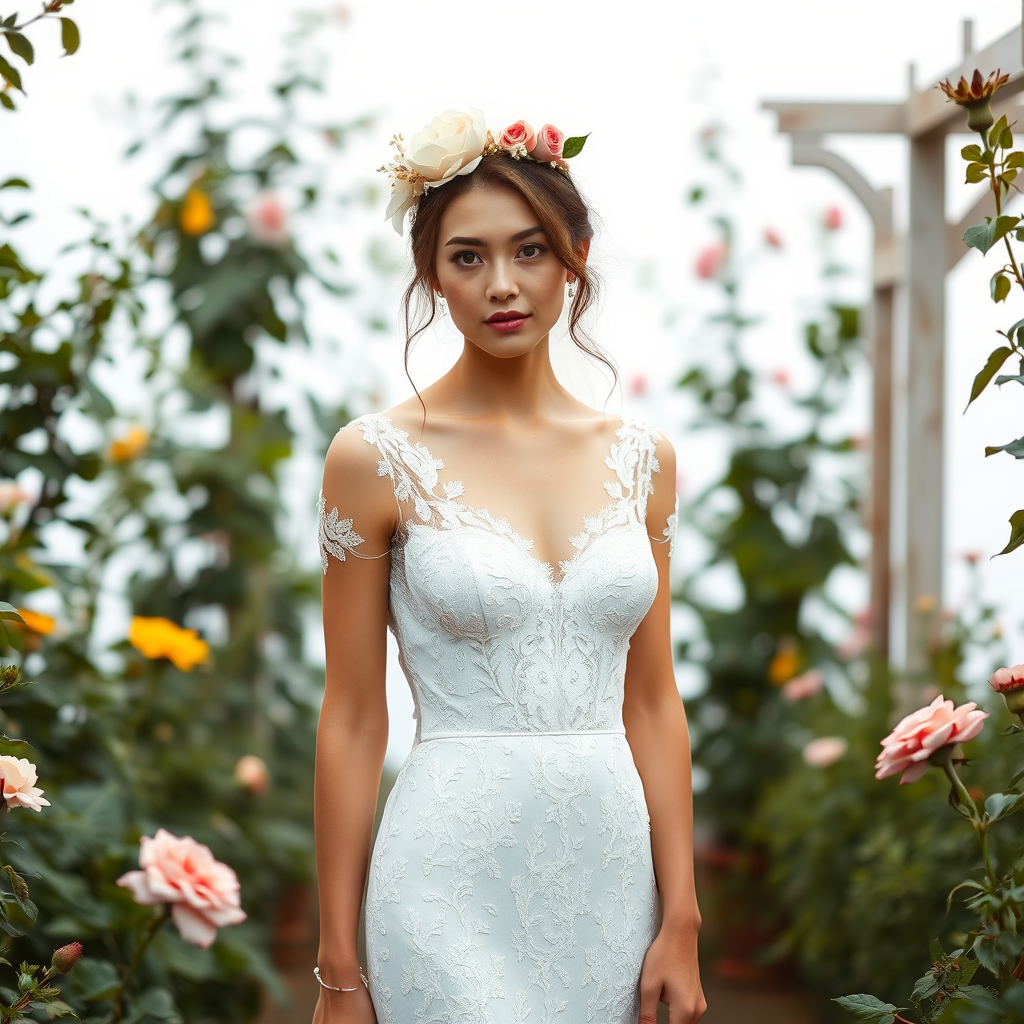 Garden scene, bridal model, delicate lace gown, floral headpiece, soft romantic focus, high-key lighting and an 85mm lens for soft, even tones that highlight the model’s face and bright outfit against a white or light background