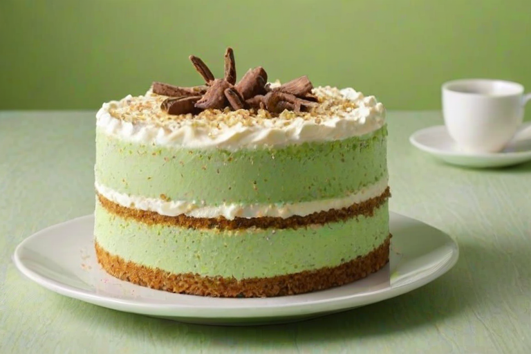 Create an image of a multi-layered cake with a light green background. The cake should have visible layers of cream and crumbs, with a textured top that looks crumbly and slightly uneven. The cake should be displayed on a simple white plate, emphasizing its height and the contrast between the cake and the background.