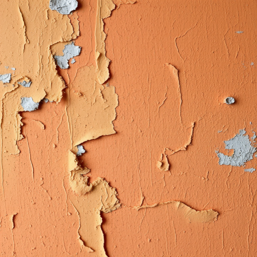 Create a high-resolution image of a textured wall with peeling and weathered paint in shades of orange and peach, captured with a DSLR camera at f/8, ISO 100, 1/125s, using a macro lens from a frontal view with soft natural lighting.
