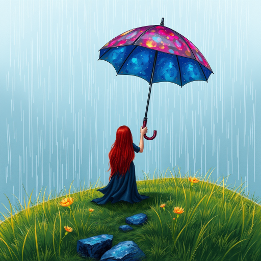 A surreal hand-drawn digital artwork depicting a mysterious red-haired woman standing on a grassy hill under the rain. She holds an umbrella crafted from iridescent zircon, its vibrant sheen contrasting with the soft, rainy atmosphere. The scene feels dreamlike, blending the natural elements of the hill and rain with the otherworldly shimmer of the umbrella.